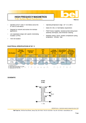 2779L datasheet - HIGH FREQUECY MAGNETICS T1/E1 Surface Mount Transformers