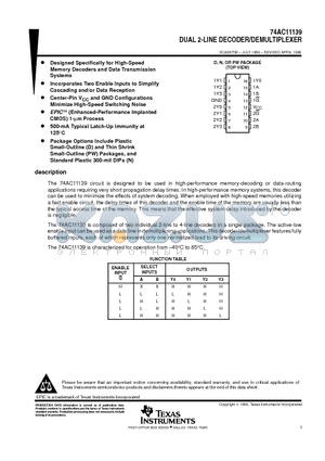 74AC11139D datasheet - DUAL 2-LINE DECODER/DEMULTIPLEXER