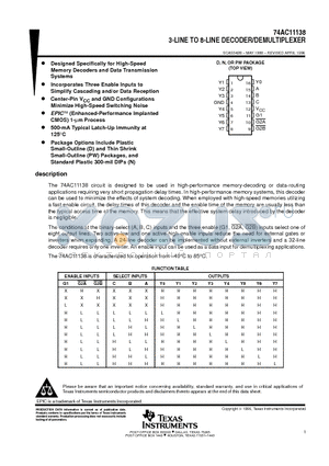 74AC11138D datasheet - 3-LINE TO 8-LINE DECODER/DEMULTIPLEXER