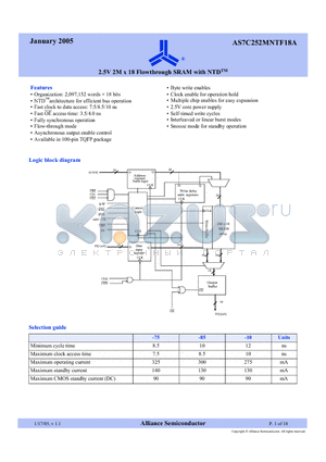 AS7C252MNTF18A-10TQIN datasheet - 2.5V 2M x 18 Flowthrough SRAM with NTD