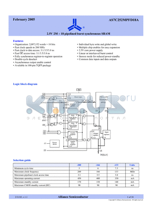 AS7C252MPFD18A-133TQI datasheet - 2.5V 2M x 18 pipelined burst synchronous SRAM