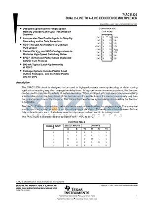 74AC11239N datasheet - DUAL 2-LINE TO 4-LINE DECODER/DEMULTIPLEXER