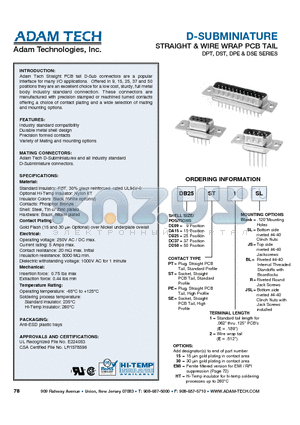 DD50PE2BL datasheet - D-SUBMINIATURE STRAIGHT & WIRE WRAP PCB TAIL