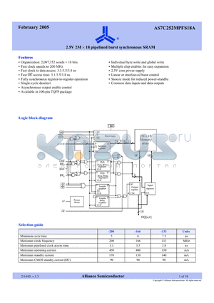 AS7C252MPFS18A-133TQC datasheet - 2.5V 2M x 18 pipelined burst synchronous SRAM