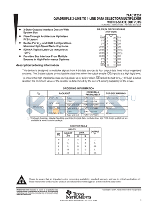 74AC11257DBRE4 datasheet - QUADRUPLE 2-LINE TO 1-LINE DATA SELECTOR/MULTIPLEXER WITH 3-STATE OUTPUTS