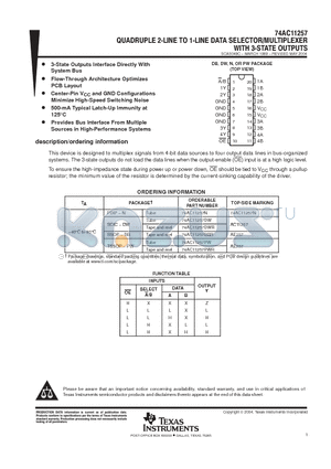 74AC11257DWR datasheet - QUADRUPLE 2-LINE TO 1-LINE DATA SELECTOR/MULTIPLEXER WITH 3-STATE OUTPUTS