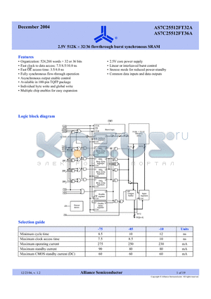 AS7C25512FT32A-75TQCN datasheet - 2.5V 512K x 32/36 flowthrough burst synchronous SRAM