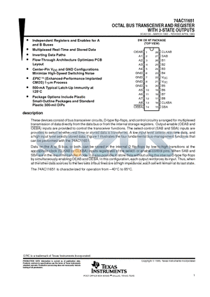 74AC11651 datasheet - OCTAL BUS TRANSCEIVER AND REGISTER WITH 3-STATE OUTPUTS