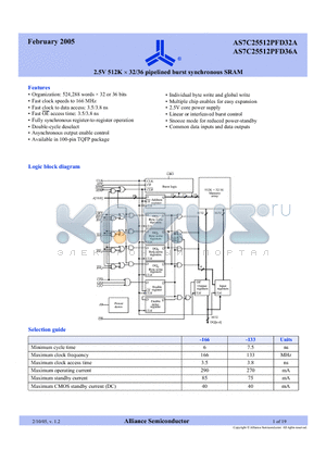 AS7C25512PFD36A-133TQC datasheet - 2.5V 512K x 32/36 pipelined burst synchronous SRAM