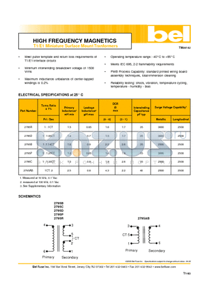 2795D datasheet - HIGH FREQUENCY MAGNETICS T1/E1 Miniature Surface Mount Tranformers