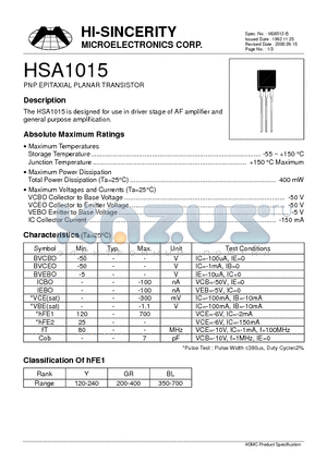 A1015 datasheet - PNP EPITAXIAL PLANAR TRANSISTOR