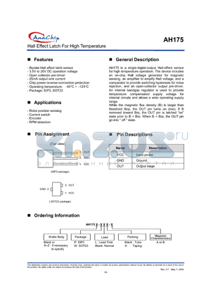 AH175-PA-A datasheet - Hall Effect Latch For High Temperature