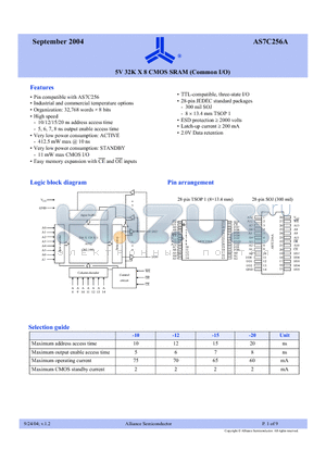 AS7C256A-10TCN datasheet - 5V 32K X 8 CMOS SRAM (Common I/O)