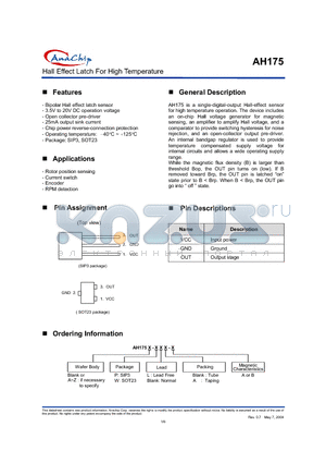 AH175-PLA-A datasheet - Hall Effect Latch For High Temperature