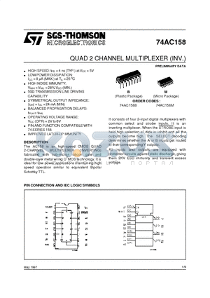 74AC158M datasheet - QUAD 2 CHANNEL MULTIPLEXER INV.