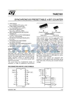 74AC161B datasheet - SYNCHRONOUS PRESETTABLE 4-BIT COUNTER