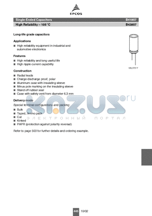 B41857A4108M00 datasheet - Single-Ended Capacitors High Reliability