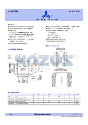 AS7C31024B-20STC datasheet - 3.3V 128K X 8 CMOS SRAM