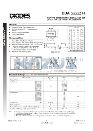 DDA114EH datasheet - PNP PRE-BIASED SMALL SIGNAL SOT-563 DUAL SURFACE MOUNT TRANSISTOR