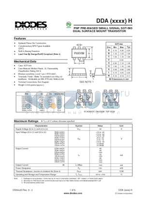 DDA114EH datasheet - PNP PRE-BIASED SMALL SIGNAL SOT-563 DUAL SURFACE MOUNT TRANSISTOR