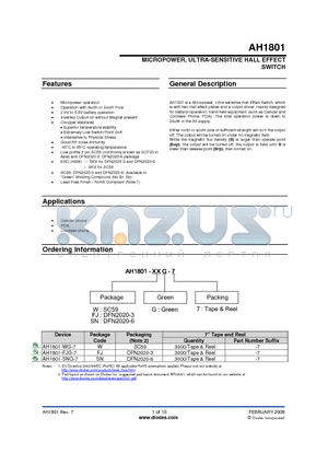 AH1801-WG-7 datasheet - MICROPOWER, ULTRA-SENSITIVE HALL EFFECT