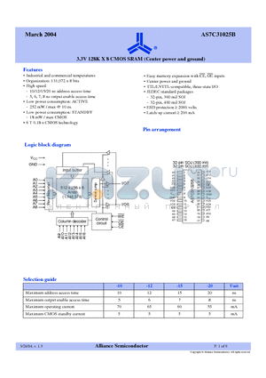 AS7C31025B-12JCN datasheet - 3.3V 128K X 8 CMOS SRAM (Center power and ground)