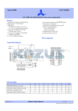 AS7C31025B-12JIN datasheet - 3.3V 128K X 8 CMOS SRAM (Center power and ground)