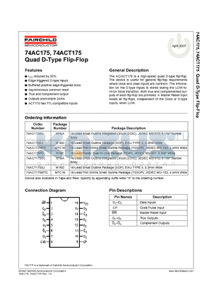 74AC175PC datasheet - Quad D-Type Flip-Flop