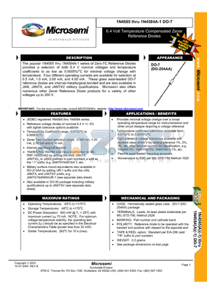 1N4565ATR-1 datasheet - 6.4 Volt Temperature Compensated Zener Reference Diodes