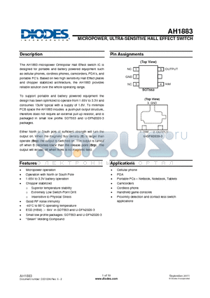 AH1883-FJG-7 datasheet - MICROPOWER, ULTRA-SENSITIVE HALL EFFECT SWITCH
