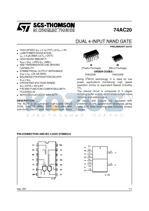 74AC20M datasheet - DUAL 4-INPUT NAND GATE