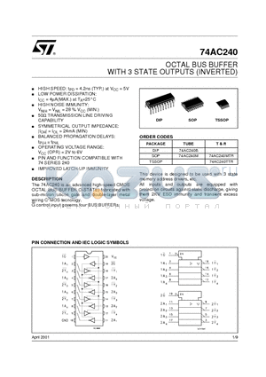 74AC240 datasheet - OCTAL BUS BUFFER WITH 3 STATE OUTPUTS (INVERTED)