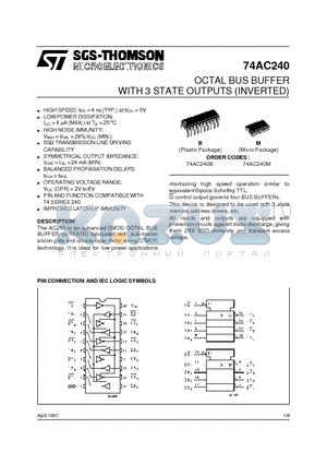 74AC240B datasheet - OCTAL BUS BUFFER WITH 3 STATE OUTPUTS INVERTED