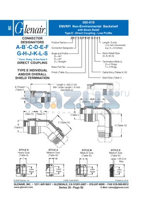 380FS019NF10 datasheet - EMI/RFI Non-Environmental Backshell with Strain Relief