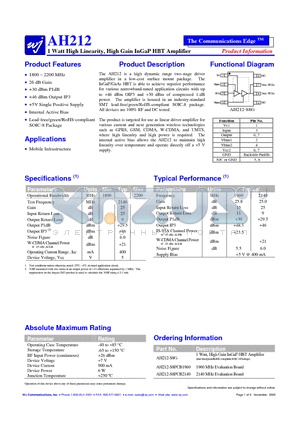 AH212 datasheet - 1 Watt High Linearity, High Gain InGaP HBT Amplifier