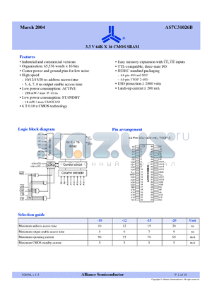 AS7C31026B-12JC datasheet - 3.3 V 64K X 16 CMOS SRAM