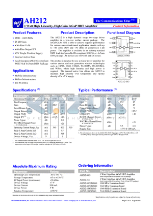 AH212 datasheet - 1 Watt High Linearity, High Gain InGaP HBT Amplifier