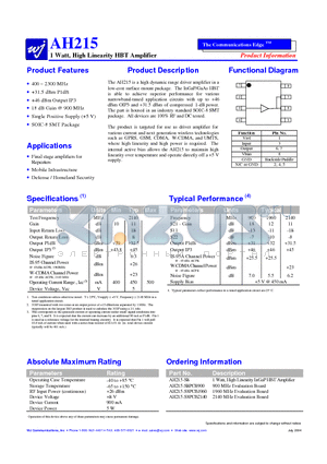 AH215 datasheet - 1 Watt, High Linearity HBT Amplifier