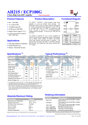 AH215-RFID datasheet - 1 Watt, High Gain HBT Amplifier