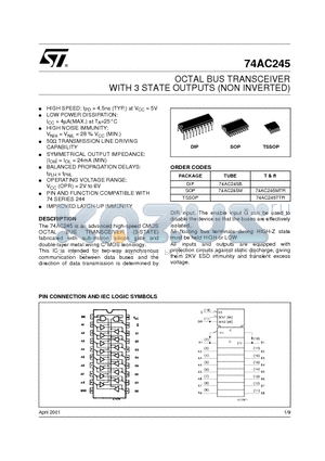 74AC245 datasheet - OCTAL BUS TRANSCEIVER WITH 3 STATE OUTPUTS (NON INVERTED)