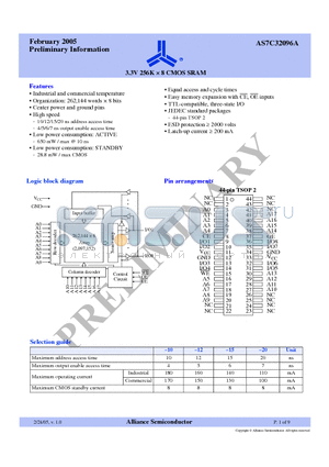 AS7C32096A-20TIN datasheet - 3.3V 256K x 8 CMOS SRAM