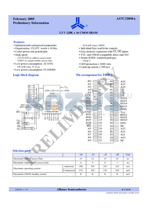 AS7C32098A-12TIN datasheet - 3.3 V 128K x 16 CMOS SRAM