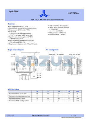 AS7C3256A-10JIN datasheet - 3.3V 32K X 8 CMOS SRAM (Common I/O)