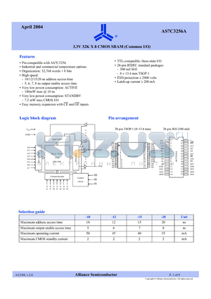 AS7C3256A-10TC datasheet - 3.3V 32K X 8 CMOS SRAM (Common I/O)