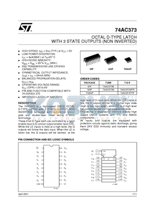74AC373MTR datasheet - OCTAL D-TYPE LATCH WITH 3 STATE OUTPUT NON INVERTING