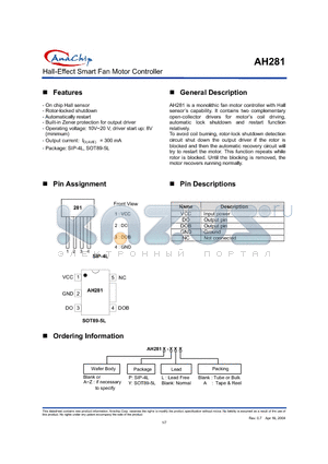 AH281-YL datasheet - HALL-EFFECT SMART FAN MOTOR CONTROLLER
