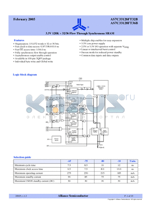 AS7C33128FT36B-10TQCN datasheet - 3.3V 128K x 32/36 Flow Through Synchronous SRAM