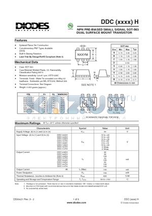 DDC114EH-7 datasheet - NPN PRE-BIASED SMALL SIGNAL SOT-563 DUAL SURFACE MOUNT TRANSISTOR
