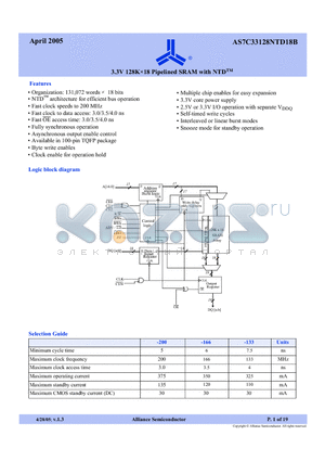 AS7C33128NTD18B-166TQIN datasheet - 3.3V 128Kx18 Pipelined SRAM with NTD