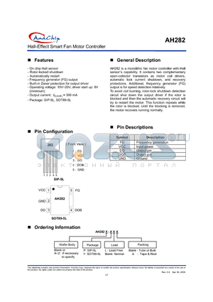 AH282A-PA datasheet - HALL-EFFECT SMART FAN MOTOR CONTROLLER